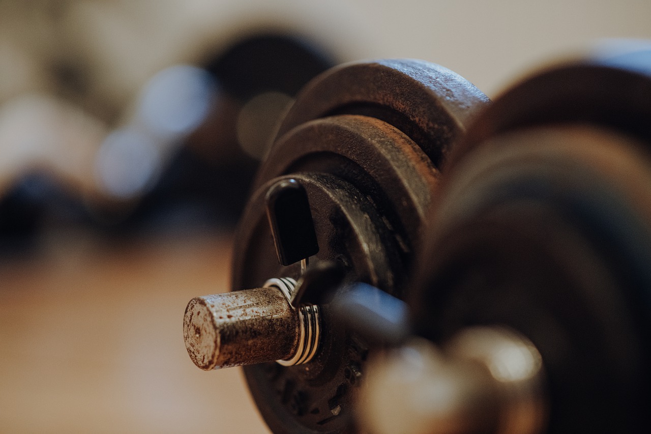 Imagen en detalle de unas mancuernas de hierro en un gimnasio